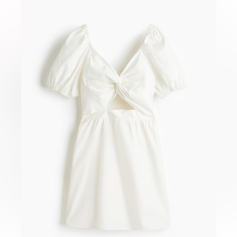 H&M Cream Knot-Front Puff Sleeve Mini Dress